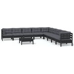 vidaXL Salon de jardin 10 Pièces avec coussins Noir Bois de pin massif