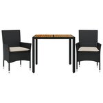 vidaXL Ensemble à manger de jardin et coussins 3 Pièces noir rotin acacia