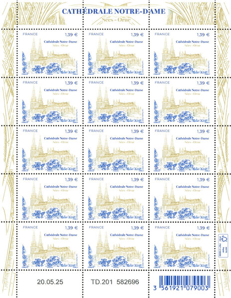 Feuille de 15 timbres - Cathédrale Notre-Dame de Sée - Lettre verte