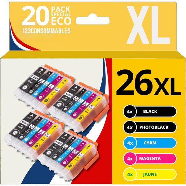 123CONSOMMABLES - 26XL - Cartouche d'encre compatible avec Epson pour Epson Expression Premium XP-510 XP-520 XP-600 XP-605 XP-610 XP-615 XP-620 XP-625 XP-700 XP-710 XP-720 XP-800 XP-810 (pack de 20)
