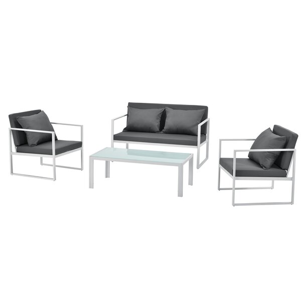 Salon de jardin ensemble de jardin table basse avec canapé et chaises extérieures métal verre polyester blanc 03_0003586