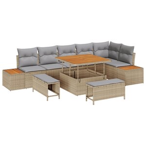 Ensemble de canapé de jardin 9 pièces avec coussins beiges en rotin synthétique et acacia