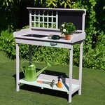 Table de rempotage jardinage multi-équipée tiroir  étagère  évier dim. 92L x 43l x 120H cm bois massif pin pré-huilé gris vert menthe
