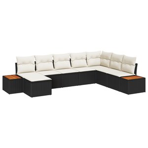 Ensemble de Canapé de Jardin 8 Pièces avec Coussins Rattan Poly Noir Acacia