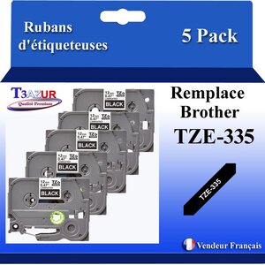 5x  Rubans d'étiqueteuses compatibles avec Brother Tze335  Tze-335 pour étiqueteuses P-touch - Texte blanc sur fond noir - Largeur 12 mm x 8 mètres - T3AZUR