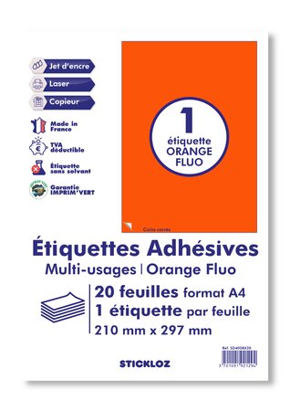 20 planches a4 - 1 étiquette 210 mm x 297 mm autocollantes fluo orange par planche pour tous types imprimantes - jet d'encre/laser/photocopieuse