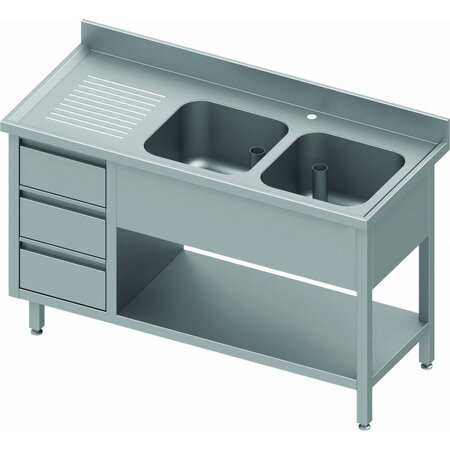 Table inox double evier - profondeur 600 - etagère et 3 tiroirs - stalgast -  - acier inoxydable1800x600 x600x900mm