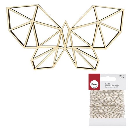 Silhouette bois Papillon origami + Ficelle dorée & blanche 15 m