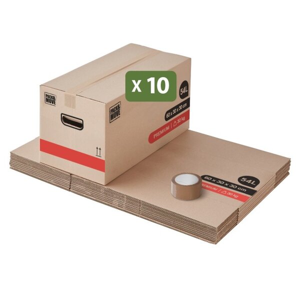 Pack and Move - Lot 10 Cartons Déménagement Premium - 60 X 30 X 30 - Extrême Résistance 30KG - Réutilisable - Poignées Renforcées - 1 Adhésif Offert