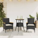 vidaXL Ensemble à manger de jardin et coussins 3 Pièces noir rotin acacia