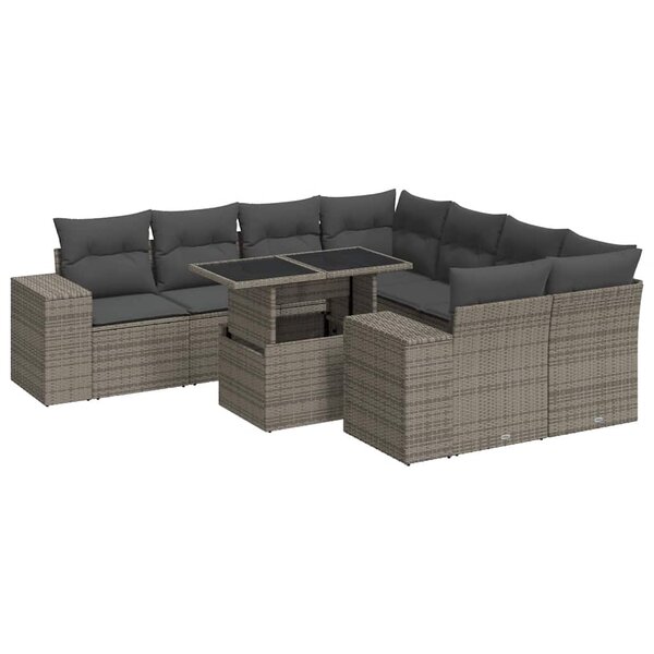 vidaXL Salon de jardin 9 Pièces avec coussins gris résine tressée
