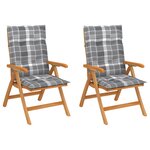 vidaXL Chaises de jardin 2 Pièces avec coussins à carreaux gris Teck