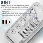 ACROPAQ Boite cache cable compatible France- cache multiprise- Multiprise intégrée- USB-A et USB-C- Rangement cable- 2500W- Blanc