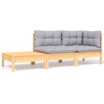 vidaXL Salon de jardin 3 Pièces avec coussins gris Bois de pin massif