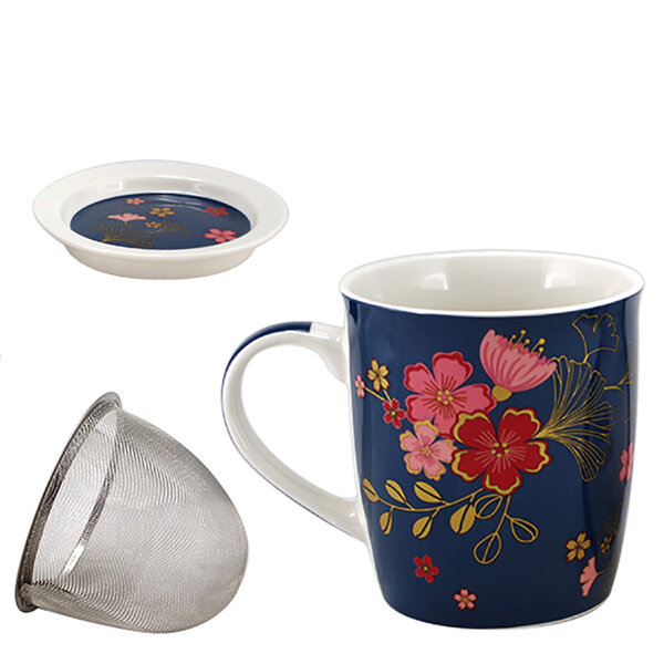 Mug bleu feuilles de ginkgo avec infuseur pour le thé