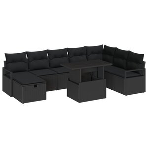 vidaXL Ensemble de canapé de jardin avec coussin 9 Pièces Noir Poly rotin