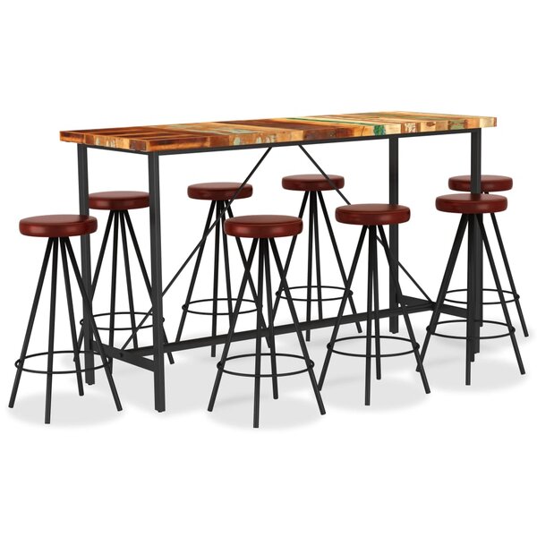 vidaXL Ensemble de bar 9 Pièces Bois de récupération et cuir véritable