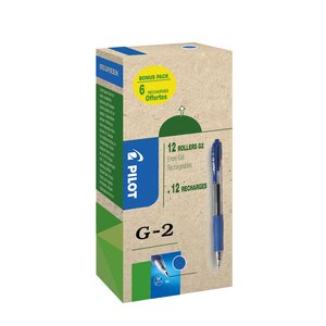 Eco Pack G2-07, stylo encre gel rétractable, pointe moyenne 0,7 mm, corps bleu transparent avec zone de préhension, encre bleue, 12 stylos + 12 recharges dont 6 offertes (boîte 24 unités)