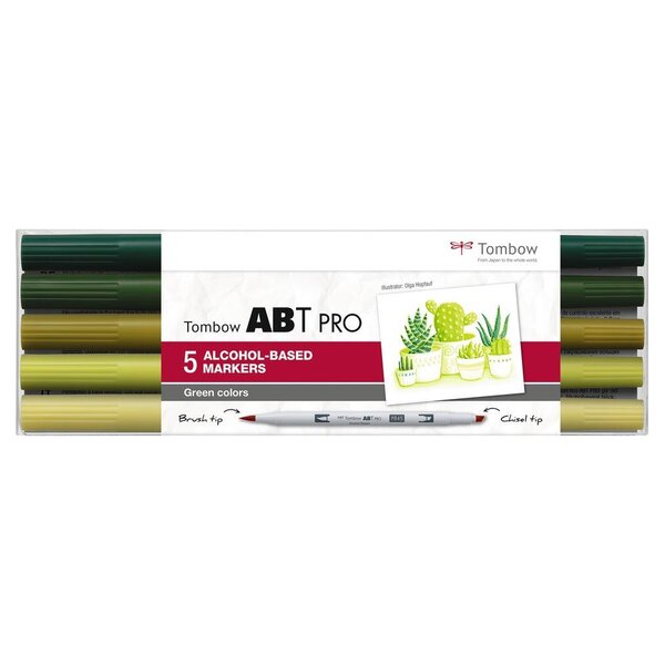 Set de 5 Marqueurs Base Alcool Double Pointe ABT PRO couleurs vert x 6 TOMBOW