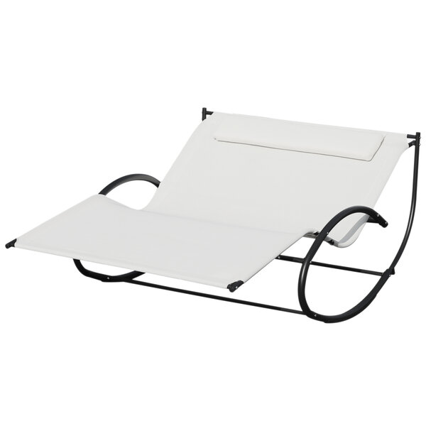 Bain de soleil transat à bascule 2 places design contemporain assise dossier ergonomiques oreiller fourni textilène métal noir et crème 200L x 140l x 85H cm