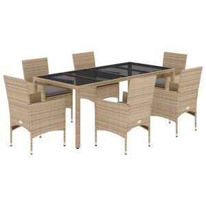 vidaXL Ensemble à manger de jardin et coussins 7 Pièces beige rotin verre