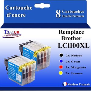 T3AZUR- Lot de 8 Cartouches compatibles avec Brother LC1100 XL pour Brother DCP195C  DCP197C  DCP365CN  DCP373CW  DCP375CW