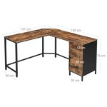 Bureau d'angle table en forme de l avec placard de rangement et tiroir peu encombrant montage facile cadre en acier style industriel marron rustique et noir 12_0001331