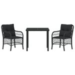 vidaXL Ensemble de Salle à Manger de Jardin de 3 Pièces avec Coussins Noir Poly Rattan