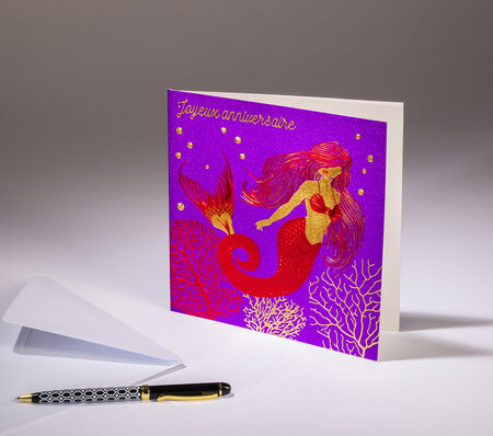 Carte double sparkle - joyeux anniversaire sirène - papier paillette violette  dorures or et rouge