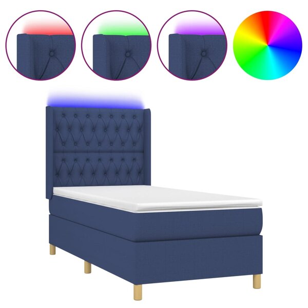 vidaXL Sommier à lattes de lit matelas et LED Bleu 90x200 cm Tissu