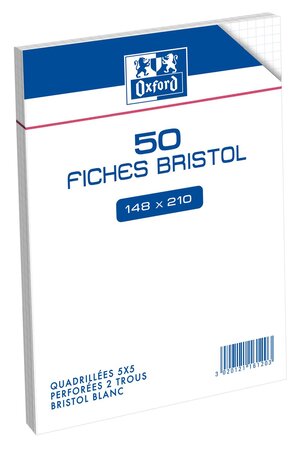 Sachet de 50 fiches bristol quadrillé 148x210 mm 5x5 perforée blanc OXFORD