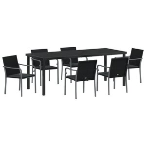 Ensemble de jardin 7 pièces avec coussins en rattan noir