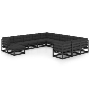 vidaXL Salon de jardin 12 Pièces avec coussins Noir Bois de pin massif