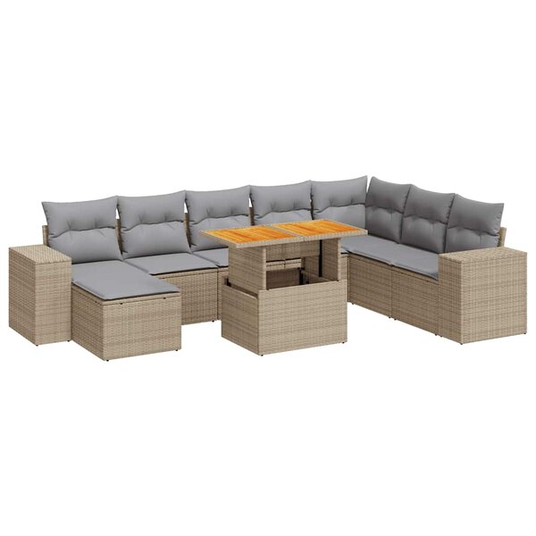 vidaXL Salon de jardin avec coussins 9 Pièces beige résine tressée acacia