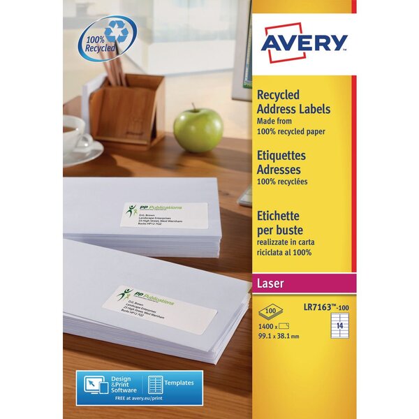 Etiquettes auto-adhésives d'adresses recyclées, faciles à décoller,  99,1 x 38,1 mm - 100 feuilles, 14 étiquettes par feuilles a4 - blanches (paquet 1400 unités)