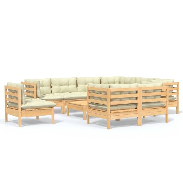 vidaXL Salon de jardin 10 Pièces avec coussins crème bois de pin massif
