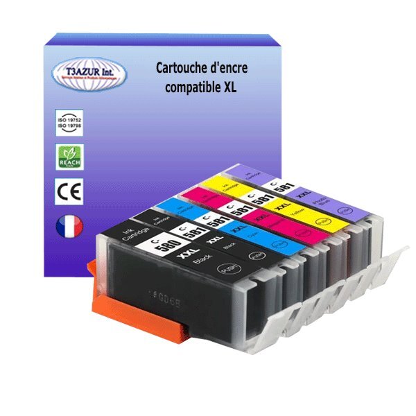6 Cartouches compatibles avec Canon Pixma TS8350, TS8351, TS8352, TS9100, TS9150, TS9155 remplace Canon PGI-580, CLI-581 XL - T3AZUR