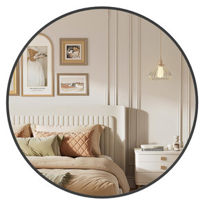 Miroir mural rond décoratif diamètre 61 cm cadre en métal pour salon chambre salle de bains noir 12_0006604