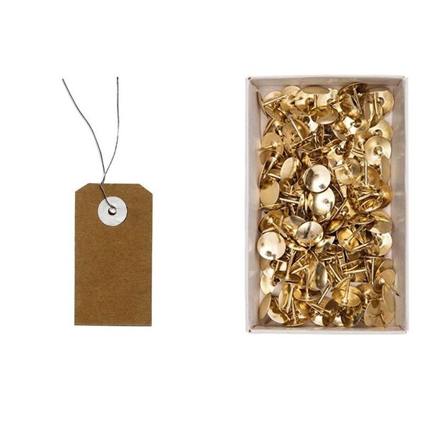 50 étiquettes kraft 5 5 x 3 cm fil métal + 150 punaises dorées