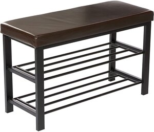 Banc de rangement à chaussures meuble assise tabouret en synthétique 2 niveaux marron 13_0000360