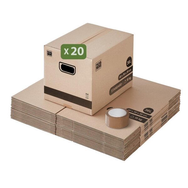 Pack and Move - Lot 20 cartons déménagement stockage livres - 40 x 30 x 30 cm - Poignées renforcées - 1 adhésif offert