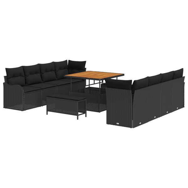 Ensemble de Canapés de Jardin 11 pièces avec Coussins Noir Rattan Poly Acacia