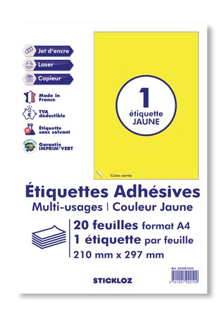 20 planches a4 - 1 étiquette 210 mm x 297 mm autocollante jaune par planche pour tous types imprimantes - jet d'encre/laser/photocopieuse