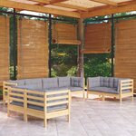 vidaXL Salon de jardin 8 Pièces avec coussins gris Bois de pin massif