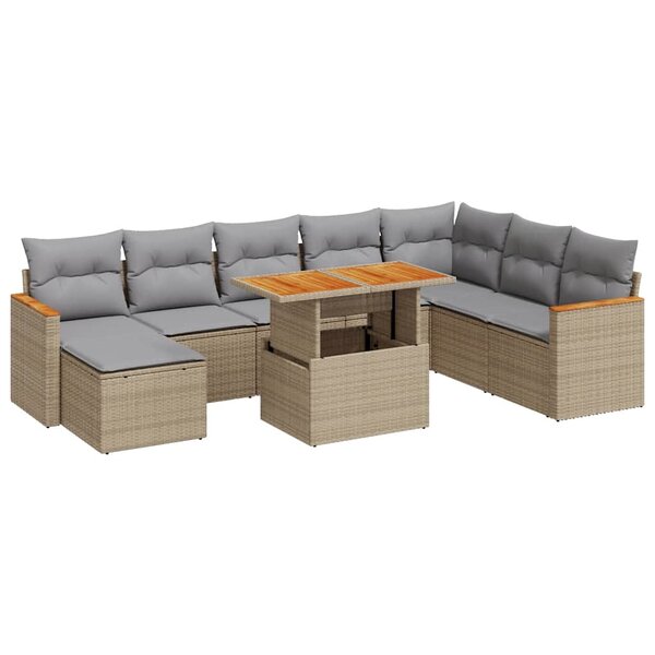 vidaXL Salon de jardin avec coussins 9 Pièces beige résine tressée acacia