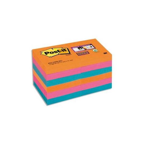 Lot 12 blocs repositionnables STICKY 51x51mm Orange Néon/Rose Néon/Bleu Electrique POST-IT