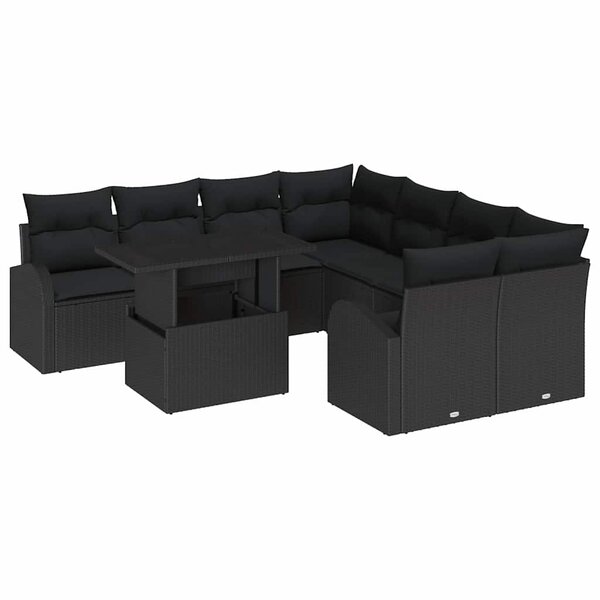 vidaXL Ensemble de canapé de jardin avec coussin 9 Pièces Noir Poly rotin