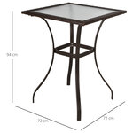 Table carrée bistro de jardin dim. 72L X 72l x 94H cm métal époxy résine tressée chocolat plateau verre trempé