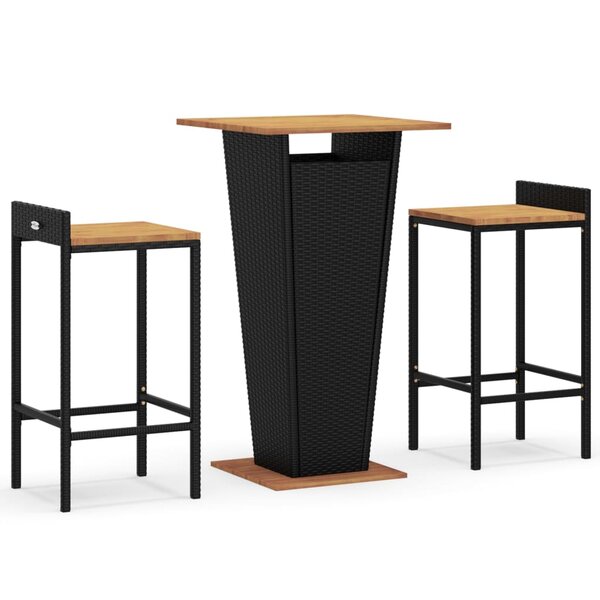 vidaXL Ensemble de bar jardin 3 Pièces noir poly rotin/bois massif acacia