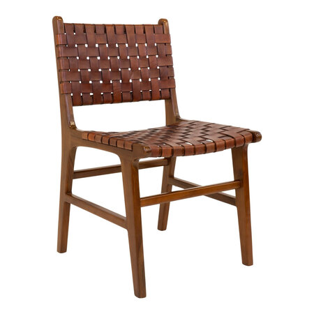 Chaise de salle à manger en cuir synthétique marron avec pieds en teck